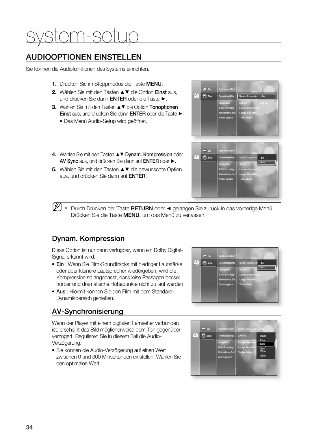 Samsung HT-BD2R/XEF Audiooptionen Einstellen, AV-Synchronisierung, Das Menü Audio-Setup wird geöffnet, Signal erkannt wird 