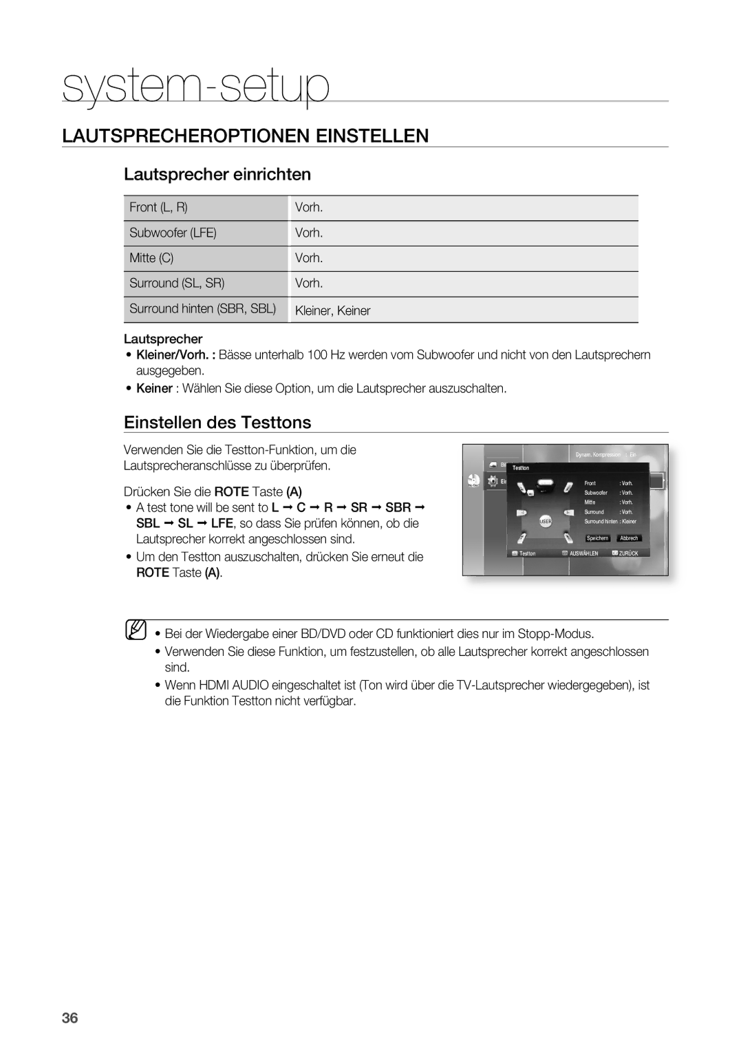Samsung HT-BD2R/XEF manual Lautsprecher einrichten, Einstellen des Testtons, Kleiner, Keiner 