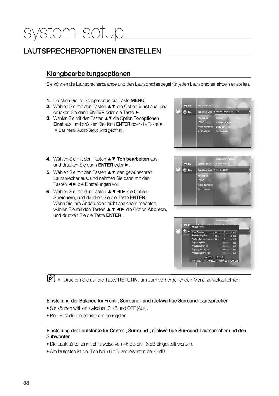 Samsung HT-BD2R/XEF manual Klangbearbeitungsoptionen, Einst Tonoptionen Einst 