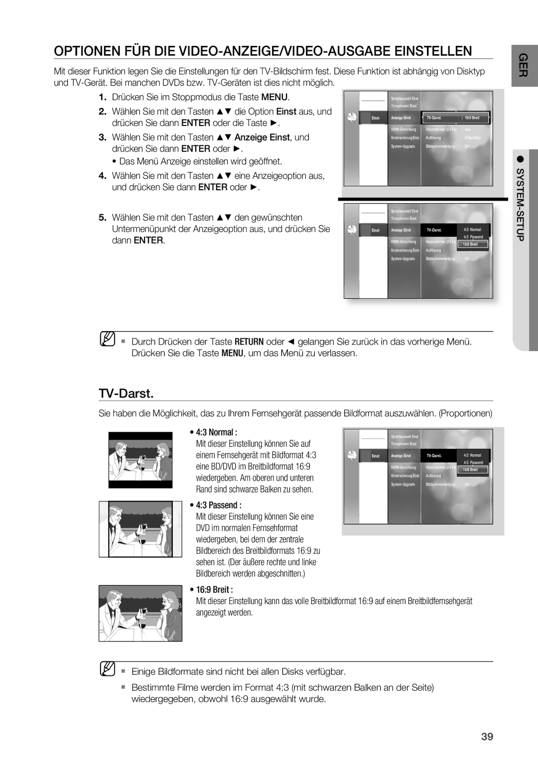 Samsung HT-BD2R/XEF manual Optionen FüR DIE VIDEO-ANzEIGE/VIDEO-AUSGABE Einstellen, TV-Darst, Normal, Passend 