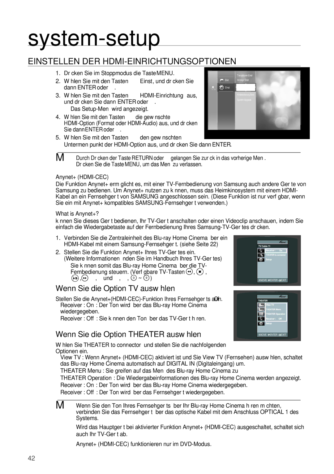 Samsung HT-BD2R/XEF manual Einstellen DER HDMI-EINRICHTUNGSOPTIONEN, Wenn Sie die Option TV auswählen 