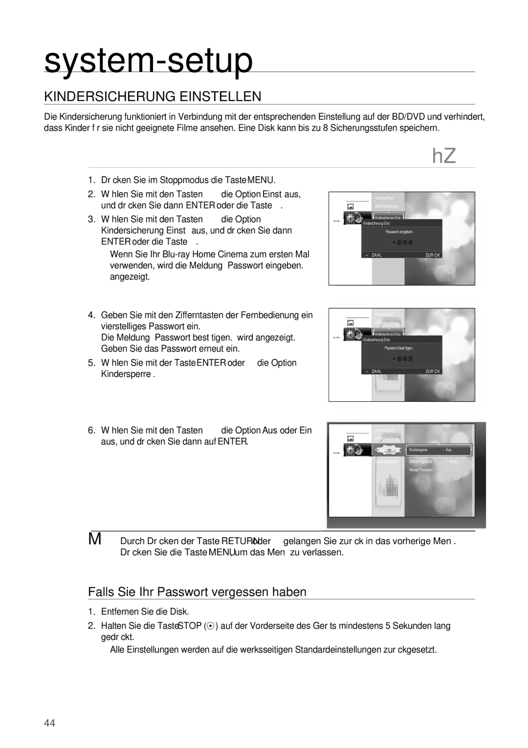 Samsung HT-BD2R/XEF manual Kindersicherung Einstellen, Falls Sie Ihr Passwort vergessen haben 