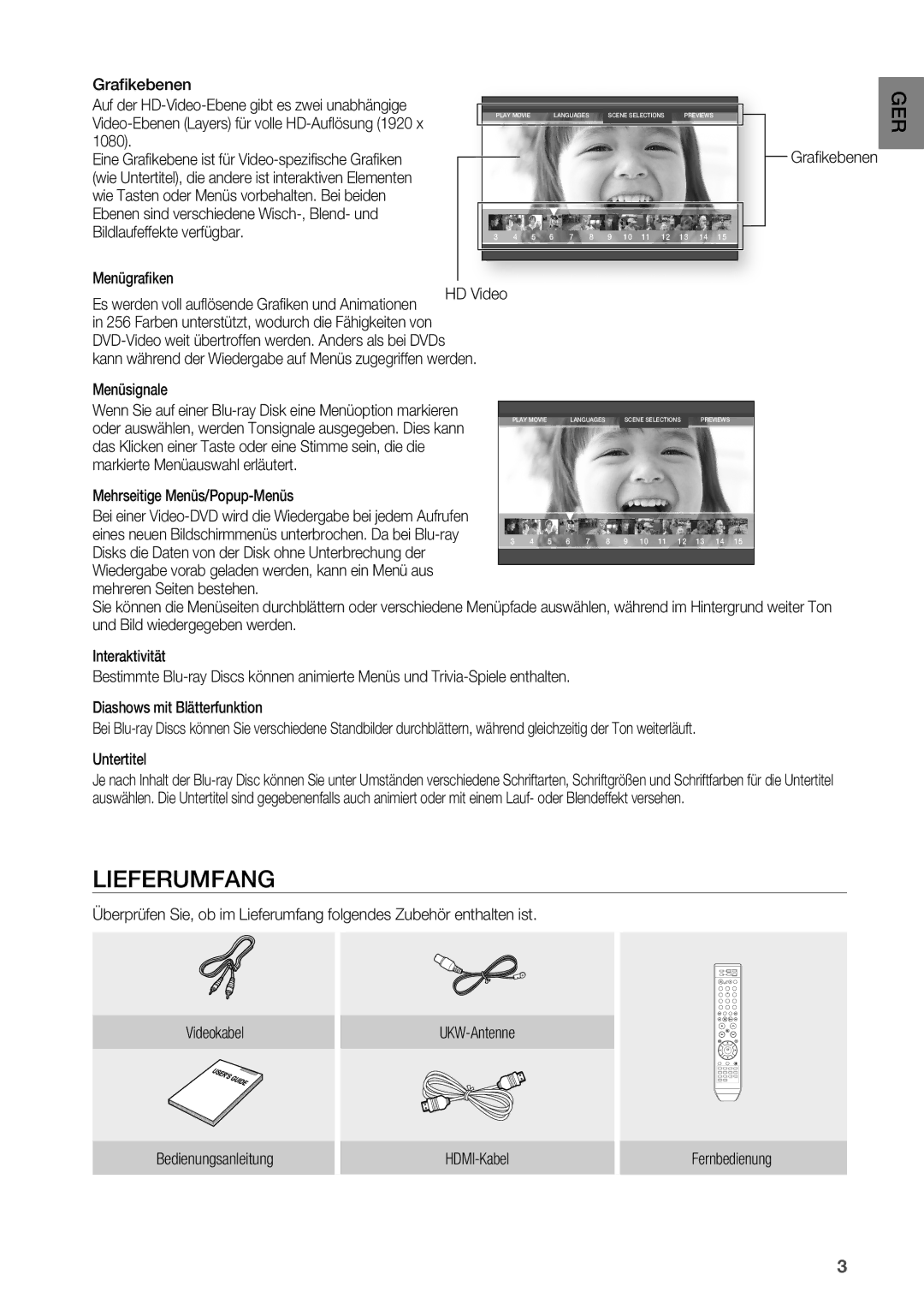 Samsung HT-BD2R/XEF manual Lieferumfang, Menügrafiken 