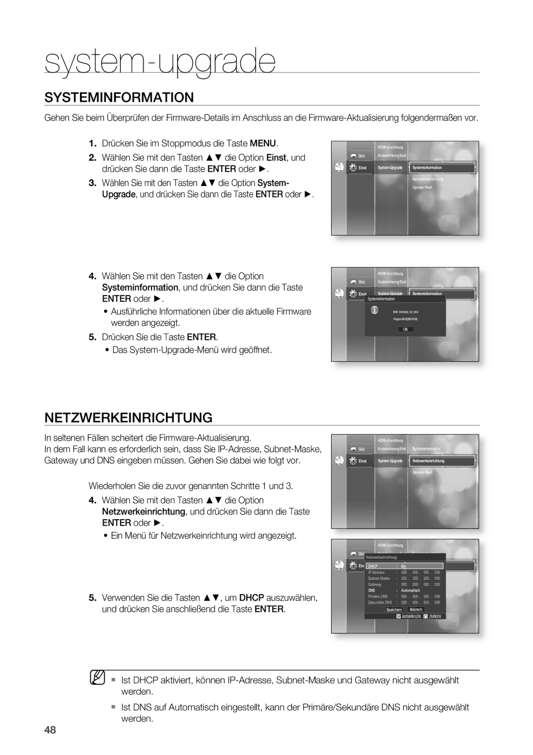 Samsung HT-BD2R/XEF manual Systeminformation, NETzWERKEINRICHTUNG, Seltenen Fällen scheitert die Firmware-Aktualisierung 