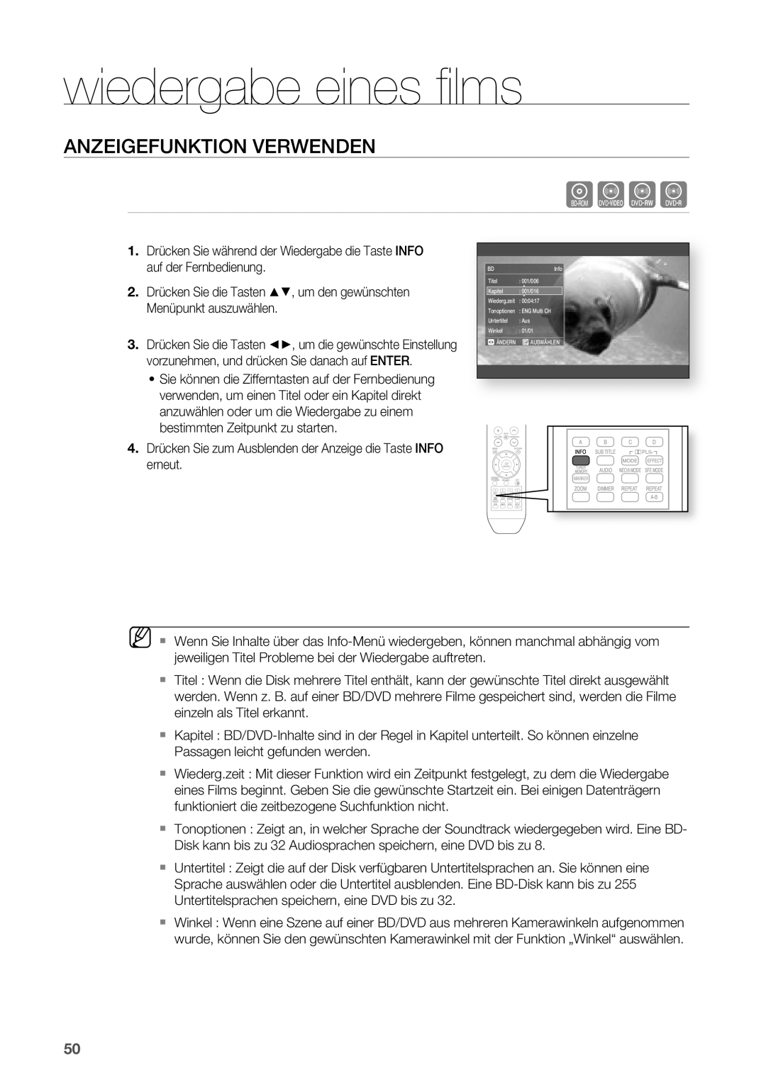 Samsung HT-BD2R/XEF manual Wiedergabe eines ﬁ lms, ANzEIGEFUNKTION Verwenden 