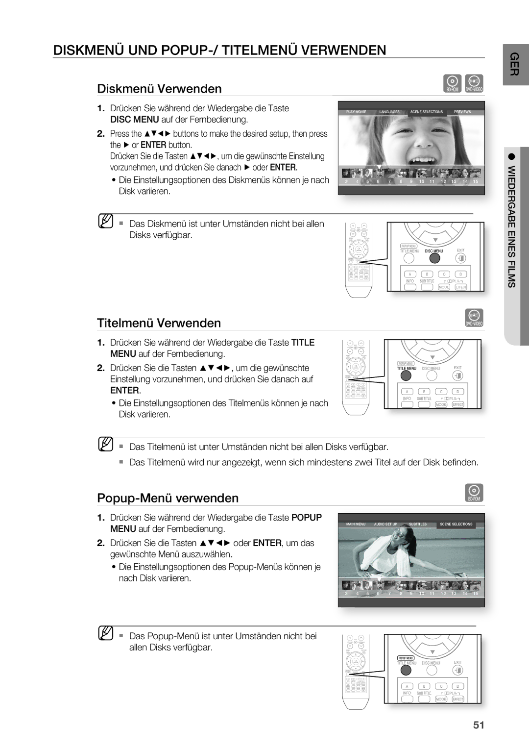 Samsung HT-BD2R/XEF manual DISKMENü UND POPUP-/ TITELMENü Verwenden, Titelmenü Verwenden, Popup-Menü verwenden, Enter 