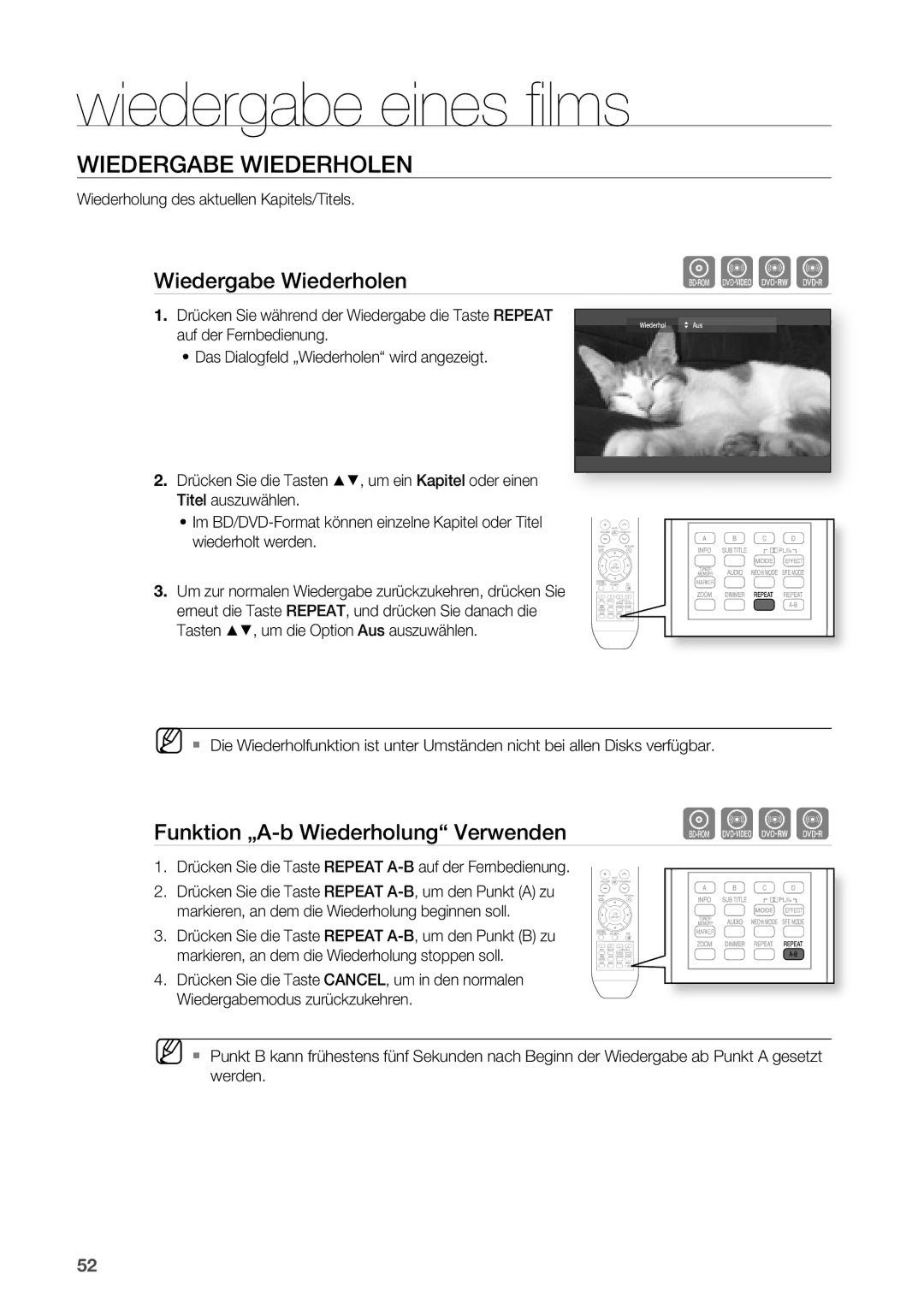 Samsung HT-BD2R/XEF manual Wiedergabe Wiederholen, Funktion „A-b Wiederholung Verwenden 