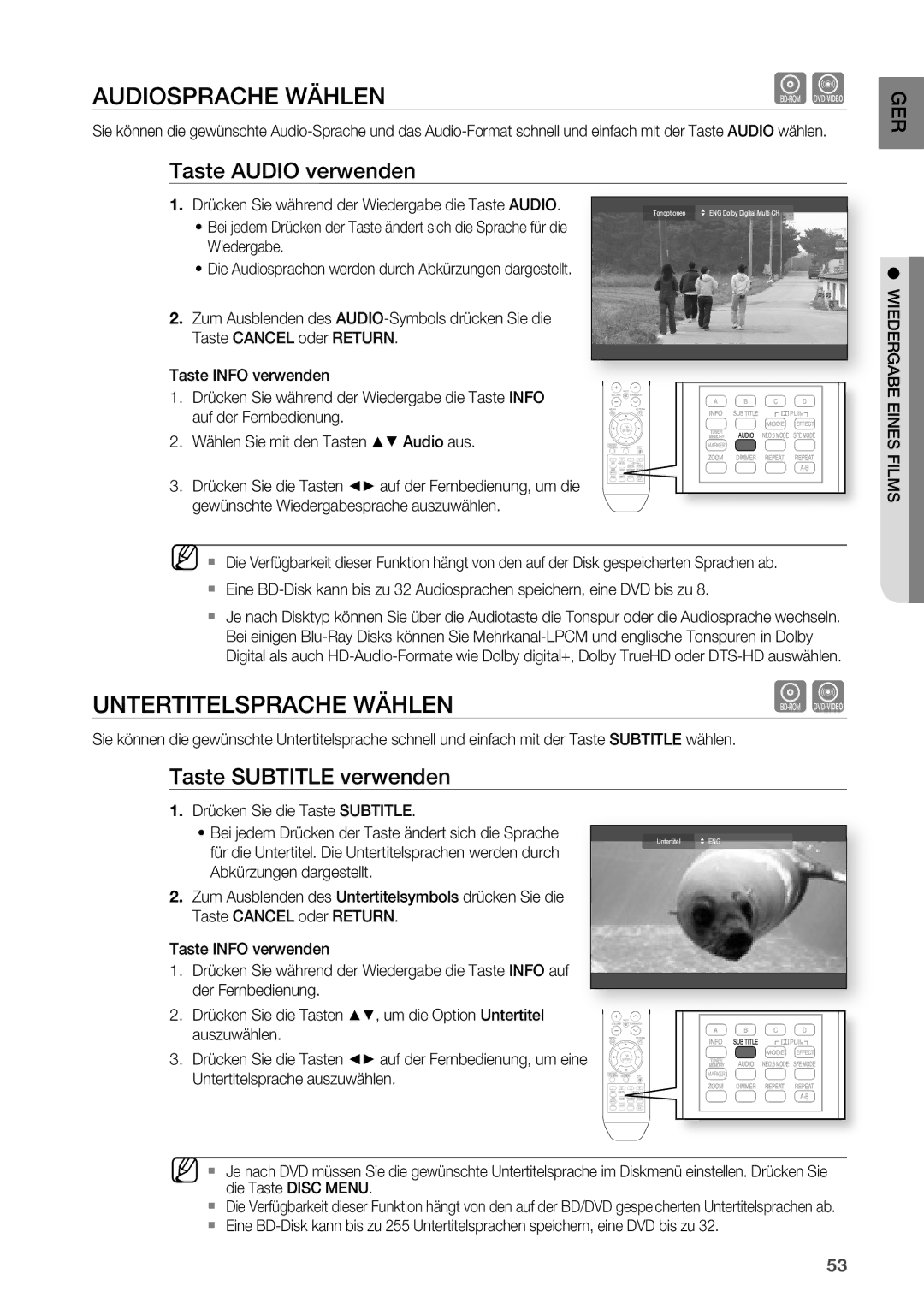 Samsung HT-BD2R/XEF manual Audiosprache Wählen, Untertitelsprache Wählen, Taste Audio verwenden, Taste Subtitle verwenden 