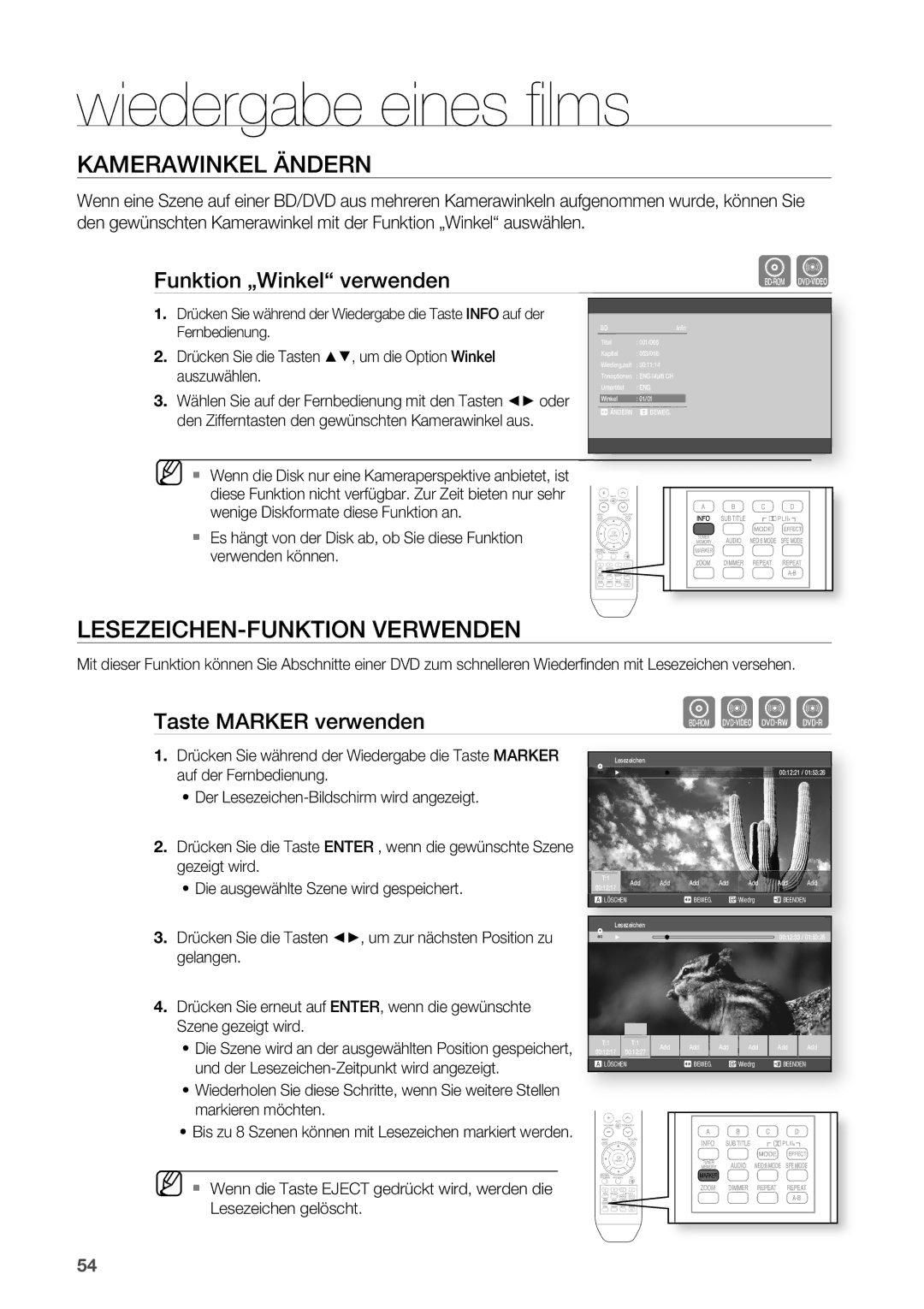 Samsung HT-BD2R/XEF manual Kamerawinkel Ändern, LESEzEICHEN-FUNKTION Verwenden, Funktion „Winkel verwenden 