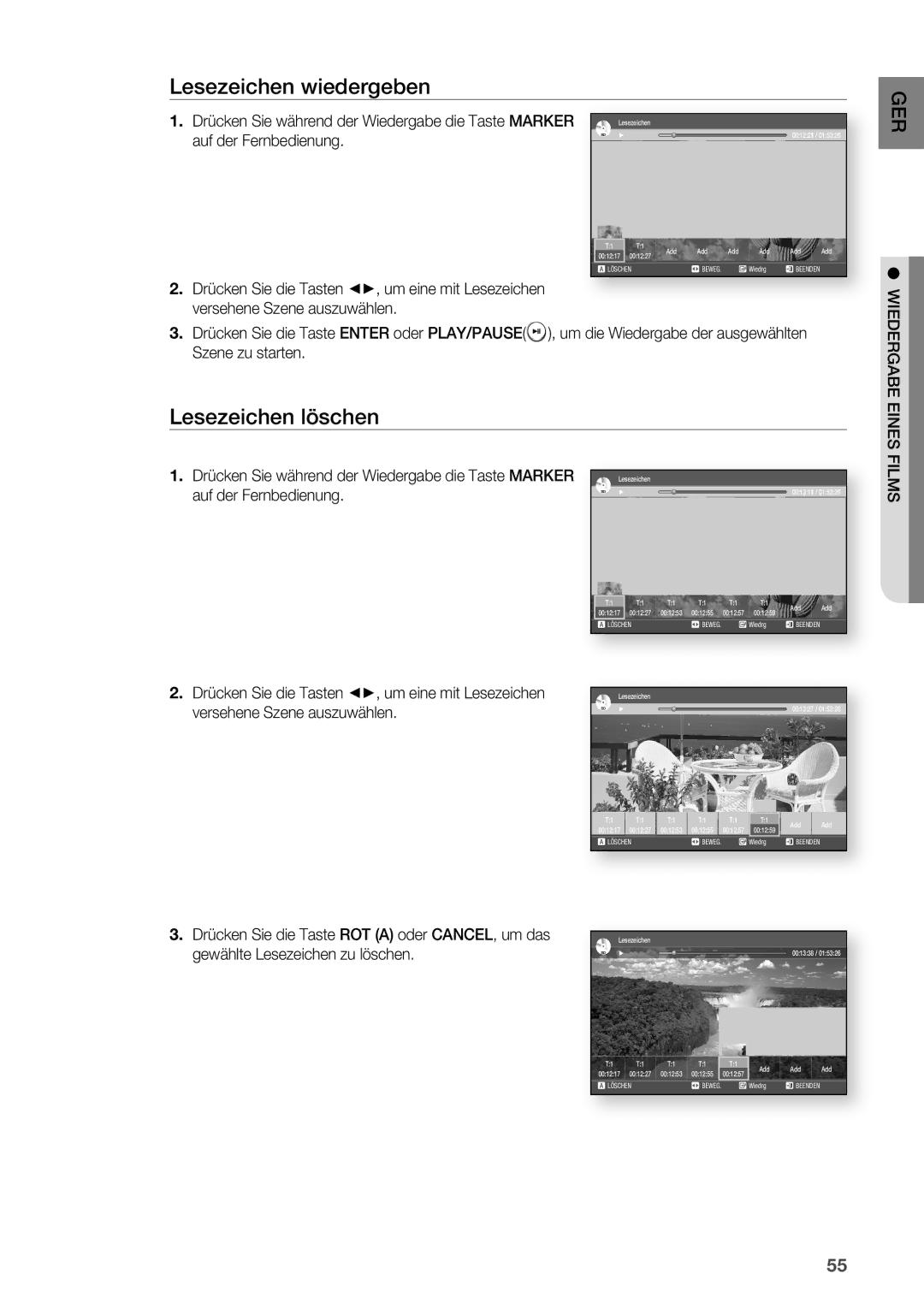 Samsung HT-BD2R/XEF manual Lesezeichen wiedergeben, Lesezeichen löschen 