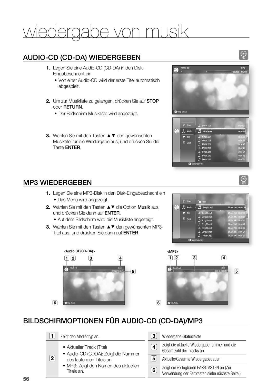 Samsung HT-BD2R/XEF manual Wiedergabe von musik, AUDIO-CD CD-DA Wiedergeben, MP3 Wiedergeben 