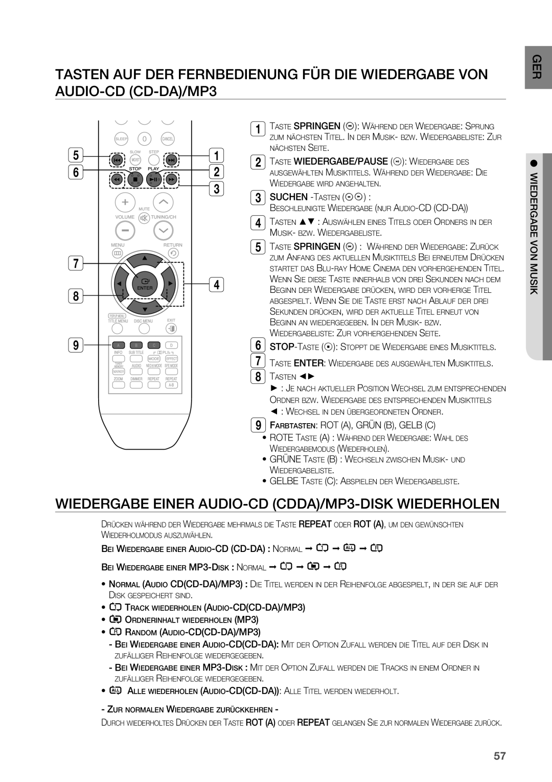 Samsung HT-BD2R/XEF manual Wiedergabe Einer AUDIO-CD CDDA/MP3-DISK Wiederholen 