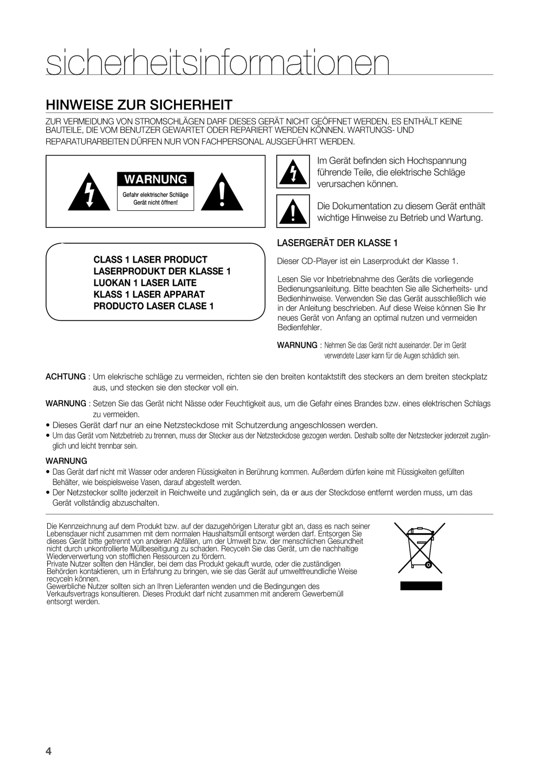 Samsung HT-BD2R/XEF manual Sicherheitsinformationen, Hinweise zur Sicherheit, Lasergerät DER Klasse 