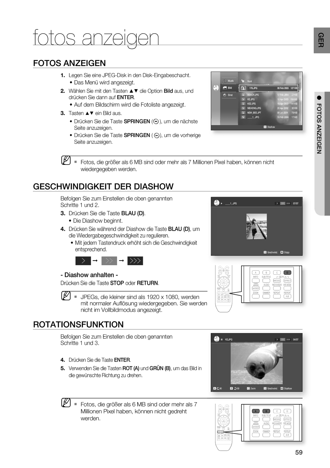 Samsung HT-BD2R/XEF manual Fotos anzeigen, Fotos ANzEIGEN, Geschwindigkeit DER Diashow, Rotationsfunktion, Diashow anhalten 