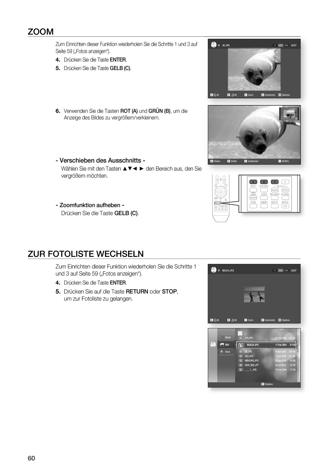 Samsung HT-BD2R/XEF manual Zoom, ZUR Fotoliste Wechseln, Verschieben des Ausschnitts 