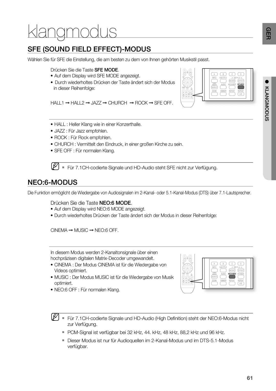 Samsung HT-BD2R/XEF manual Klangmodus, SFE Sound Field EFFECT-MODUS, NEO6-MODUS, Drücken Sie die Taste NEO6 Mode 