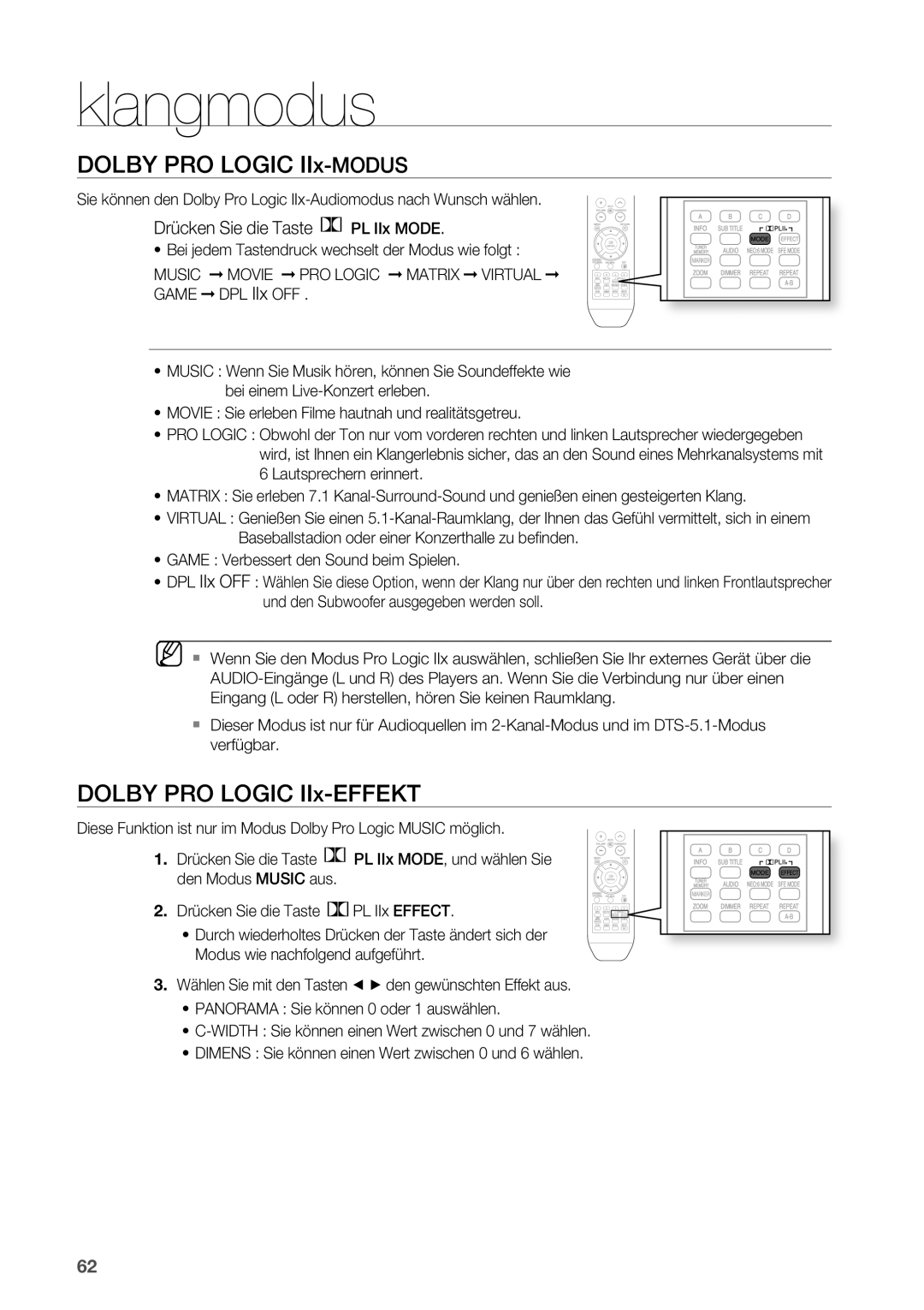 Samsung HT-BD2R/XEF manual Dolby PRO Logic IIx-MODUS, Dolby PRO Logic IIx-EFFEKT, Drücken Sie die Taste PL IIx Mode 