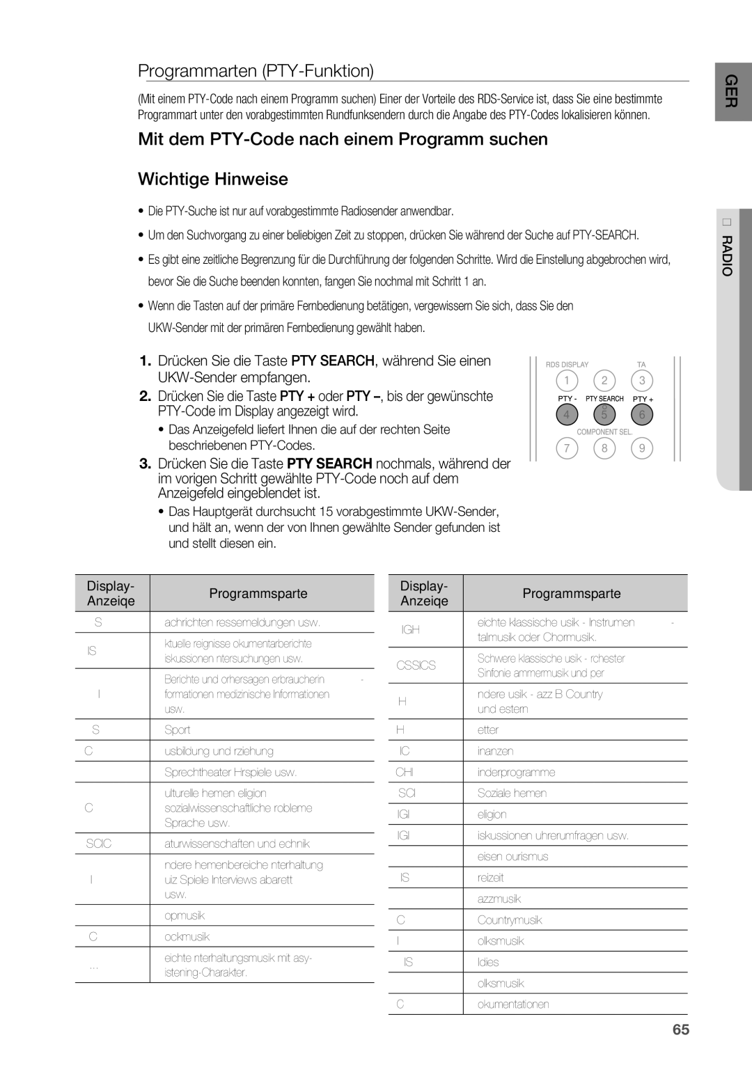 Samsung HT-BD2R/XEF manual Programmarten PTY-Funktion, Radio 