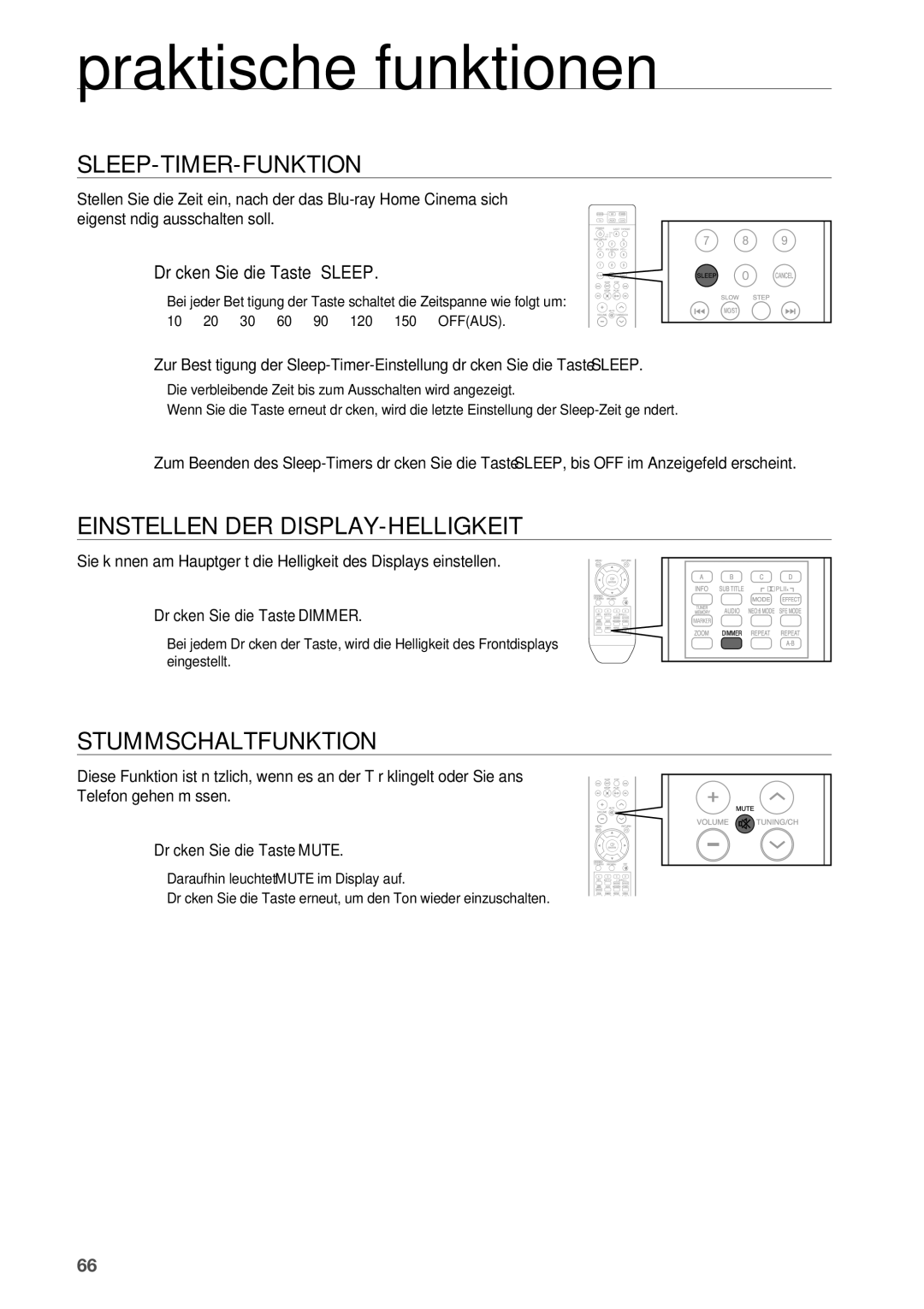 Samsung HT-BD2R/XEF Praktische funktionen, Sleep-Timer-Funktion, Einstellen DER DISPLAY-HELLIGKEIT, Stummschaltfunktion 