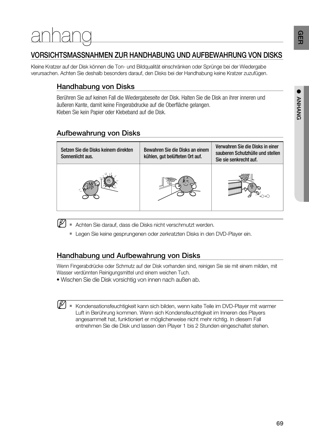 Samsung HT-BD2R/XEF manual Anhang, Handhabung von Disks, Handhabung und Aufbewahrung von Disks 