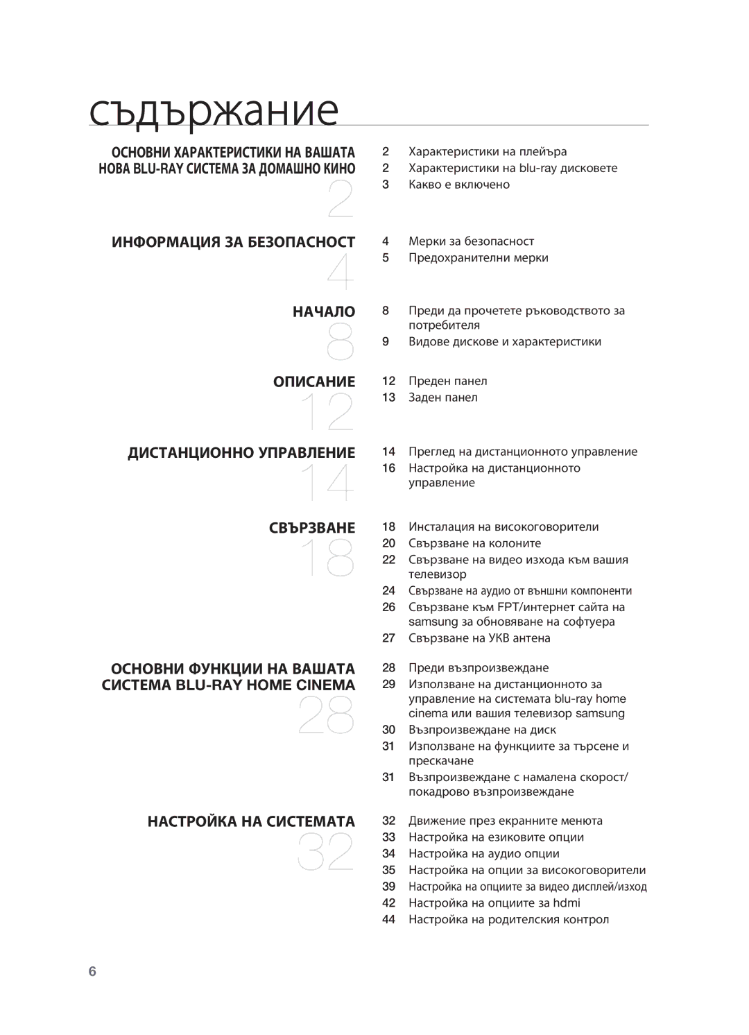 Samsung HT-BD2R/XEO manual Съдържание, 27 Свързване на УКВ антена 28 Преди възпроизвеждане 