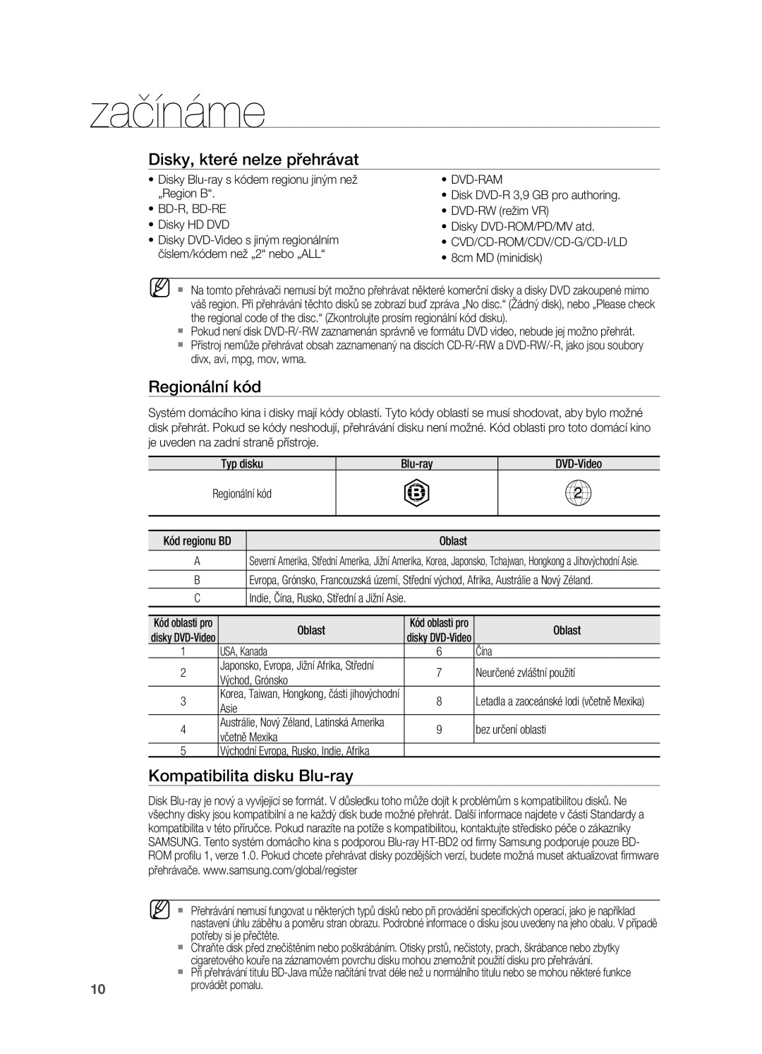 Samsung HT-BD2R/XEO manual Disky, které nelze přehrávat, Regionální kód, Kompatibilita disku Blu-ray 