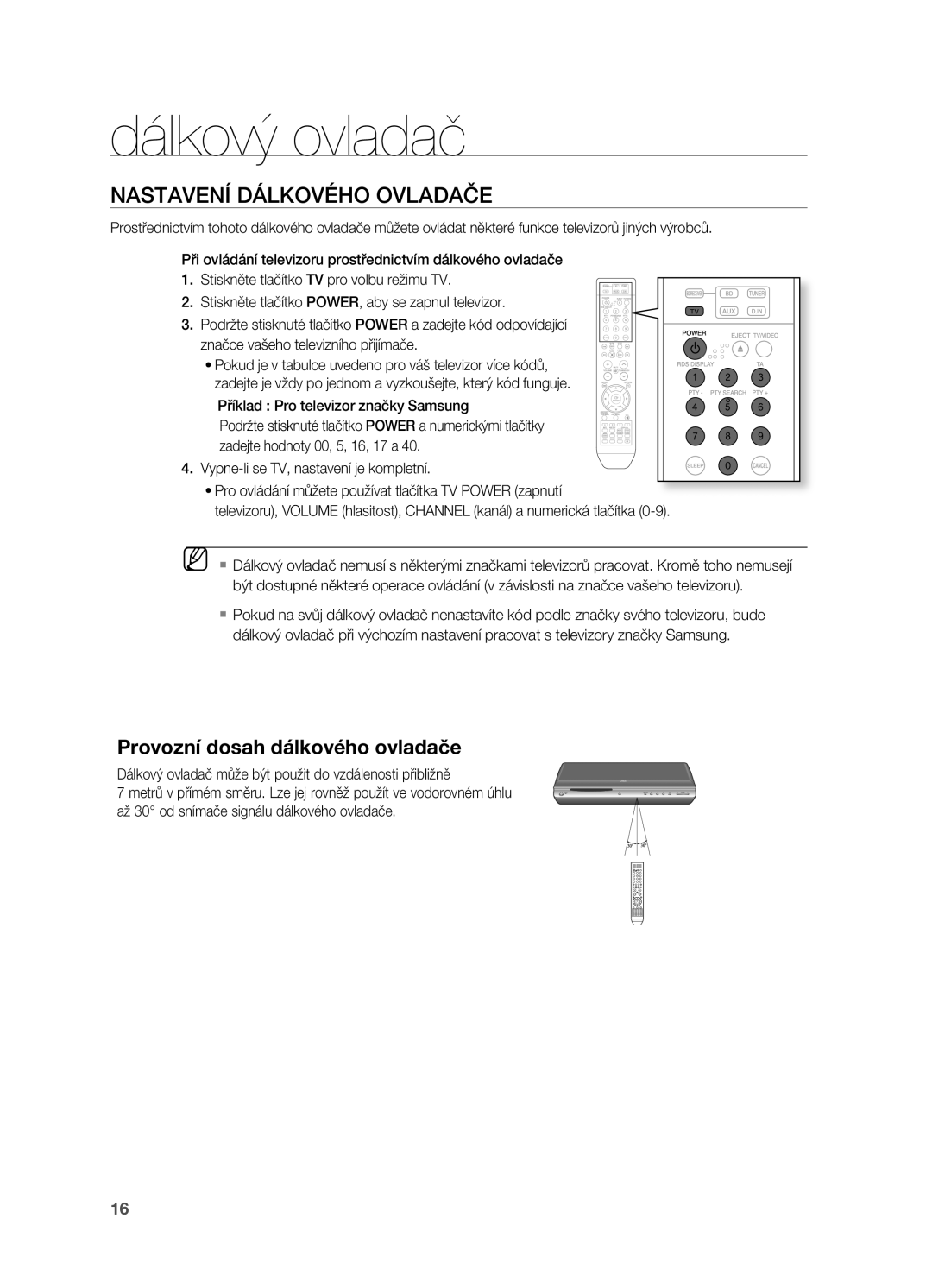 Samsung HT-BD2R/XEO manual NASTAVENí Dálkového Ovladače, Příklad Pro televizor značky Samsung 