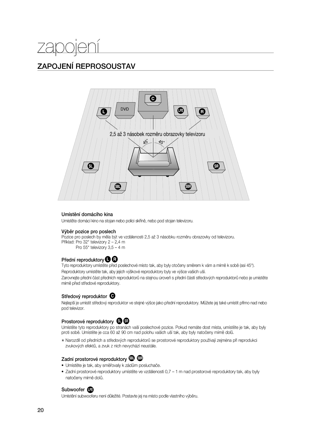 Samsung HT-BD2R/XEO manual Zapojení reprosoustav, Až 3 násobek rozměru obrazovky televizoru 