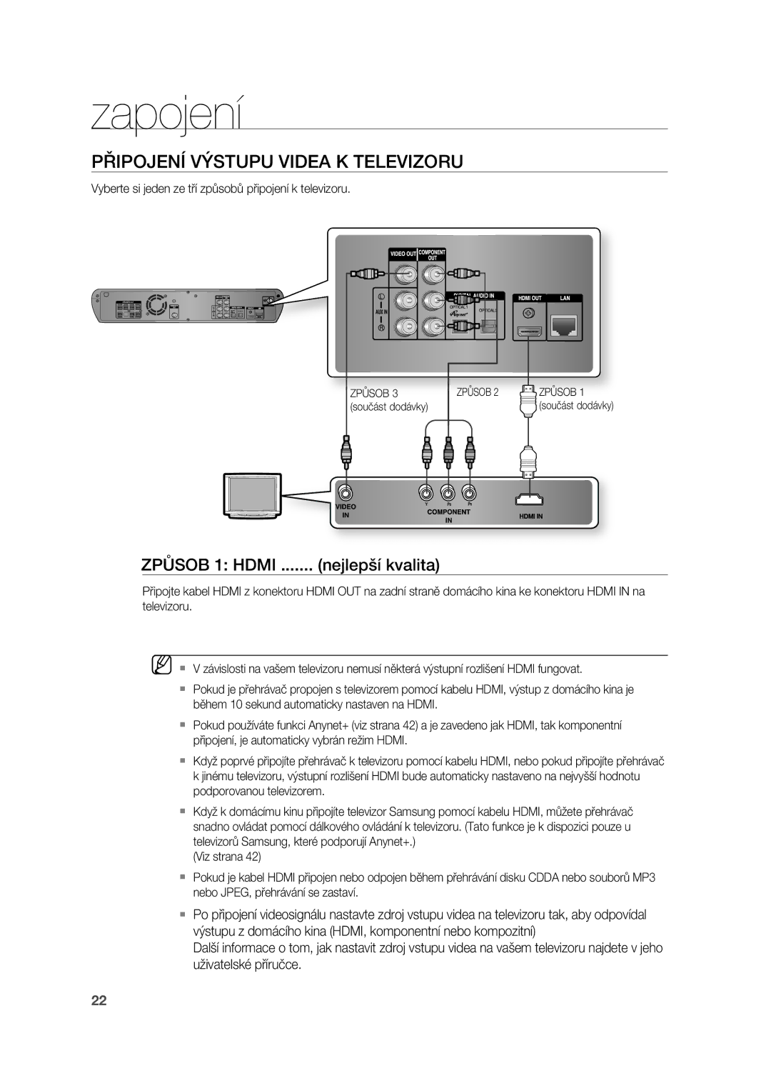 Samsung HT-BD2R/XEO manual Připojení Výstupu Videa K Televizoru, Nejlepší kvalita 