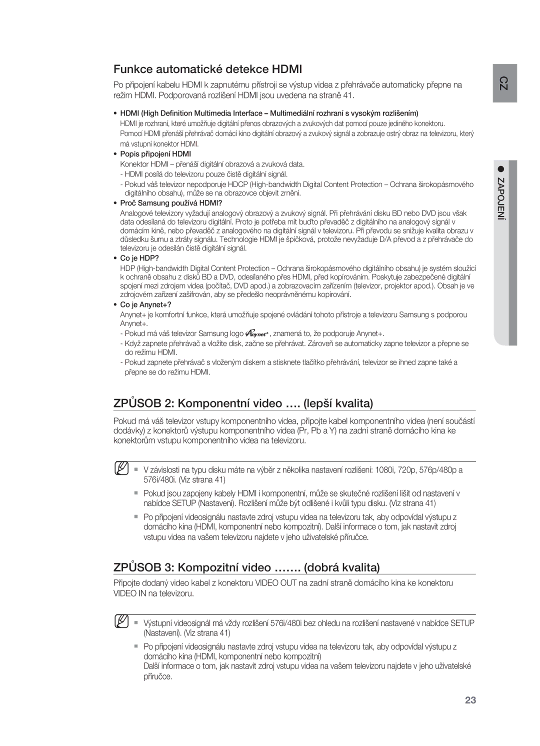 Samsung HT-BD2R/XEO manual Funkce automatické detekce Hdmi, Způsob 2 Komponentní video …. lepší kvalita 