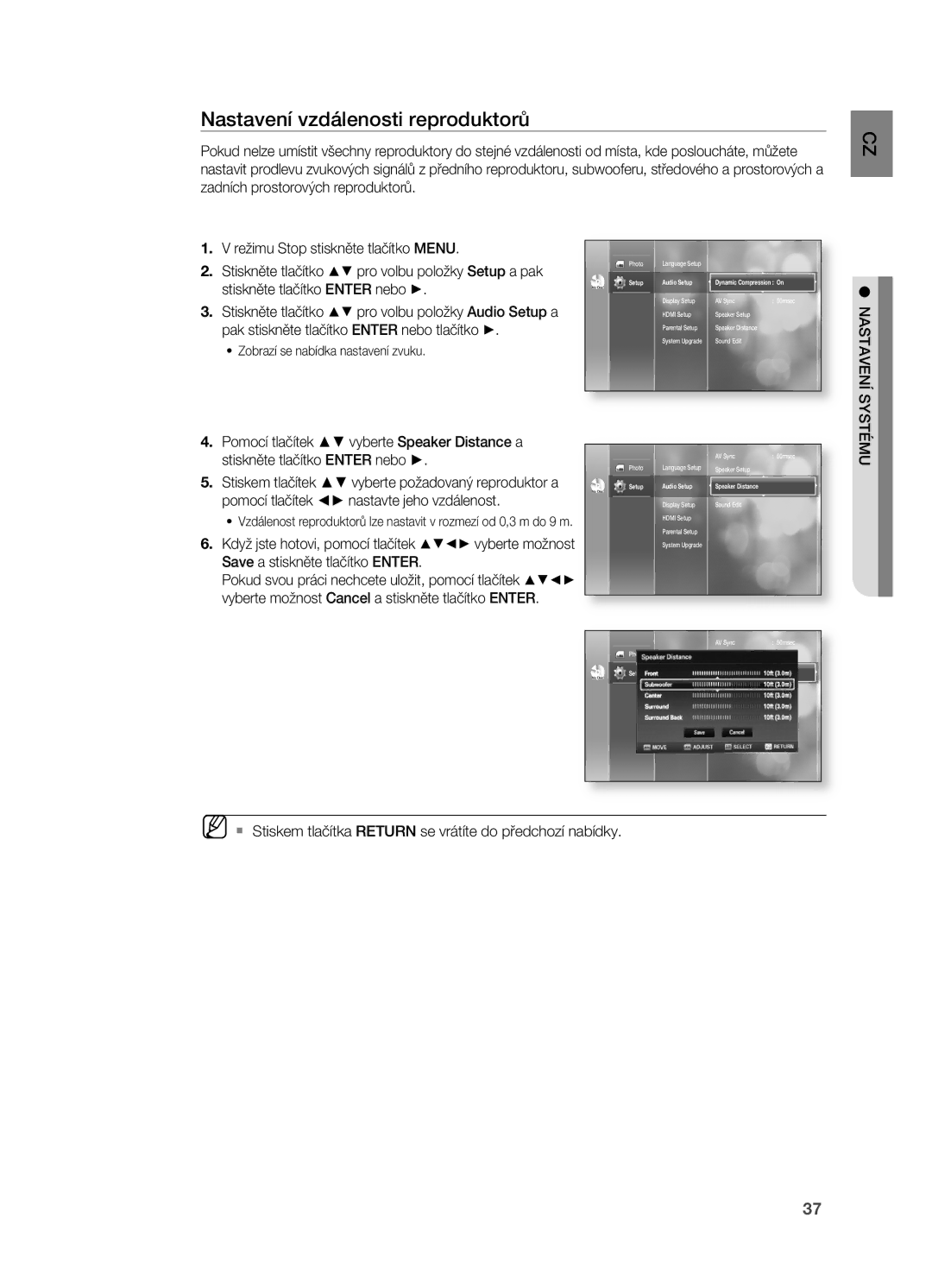 Samsung HT-BD2R/XEO manual Nastavení vzdálenosti reproduktorů 