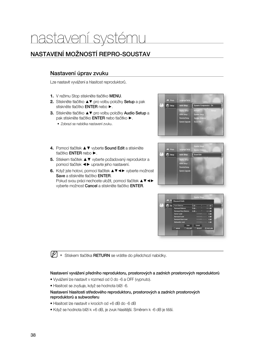 Samsung HT-BD2R/XEO manual NASTAVENí MOžNOSTí REPRO-SOUSTAV, Nastavení úprav zvuku 