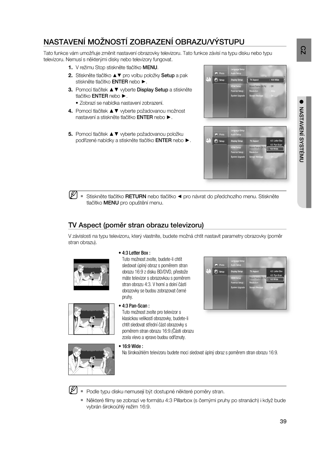 Samsung HT-BD2R/XEO NASTAVENí MOžNOSTí ZOBRAZENí OBRAZU/VÝSTUPU, TV Aspect poměr stran obrazu televizoru, Pruhy Pan-Scan 