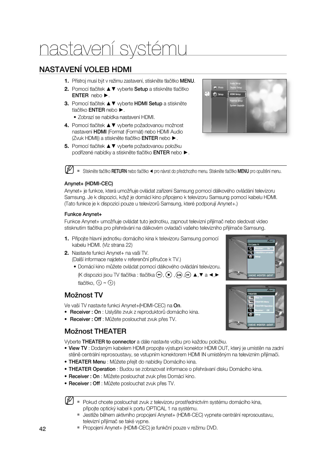 Samsung HT-BD2R/XEO manual NASTAVENí Voleb Hdmi, Možnost TV, Možnost Theater 