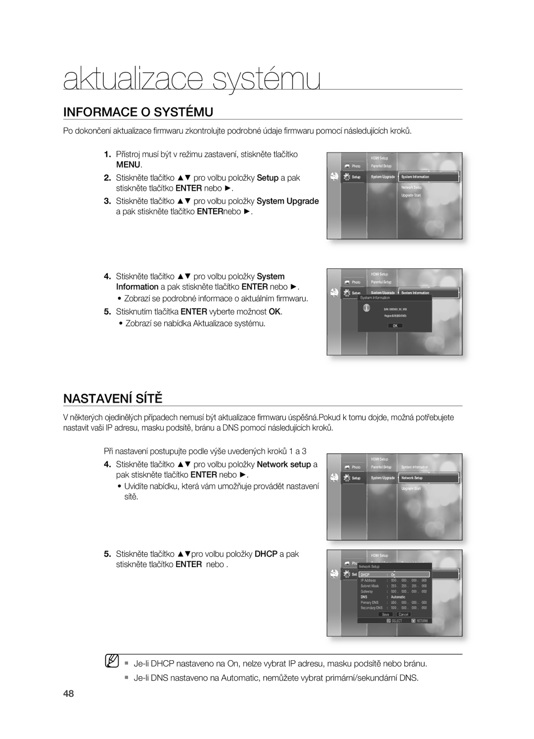 Samsung HT-BD2R/XEO Informace O Systému, NASTAVENí SíTĚ, Menu, Při nastavení postupujte podle výše uvedených kroků 1 a 