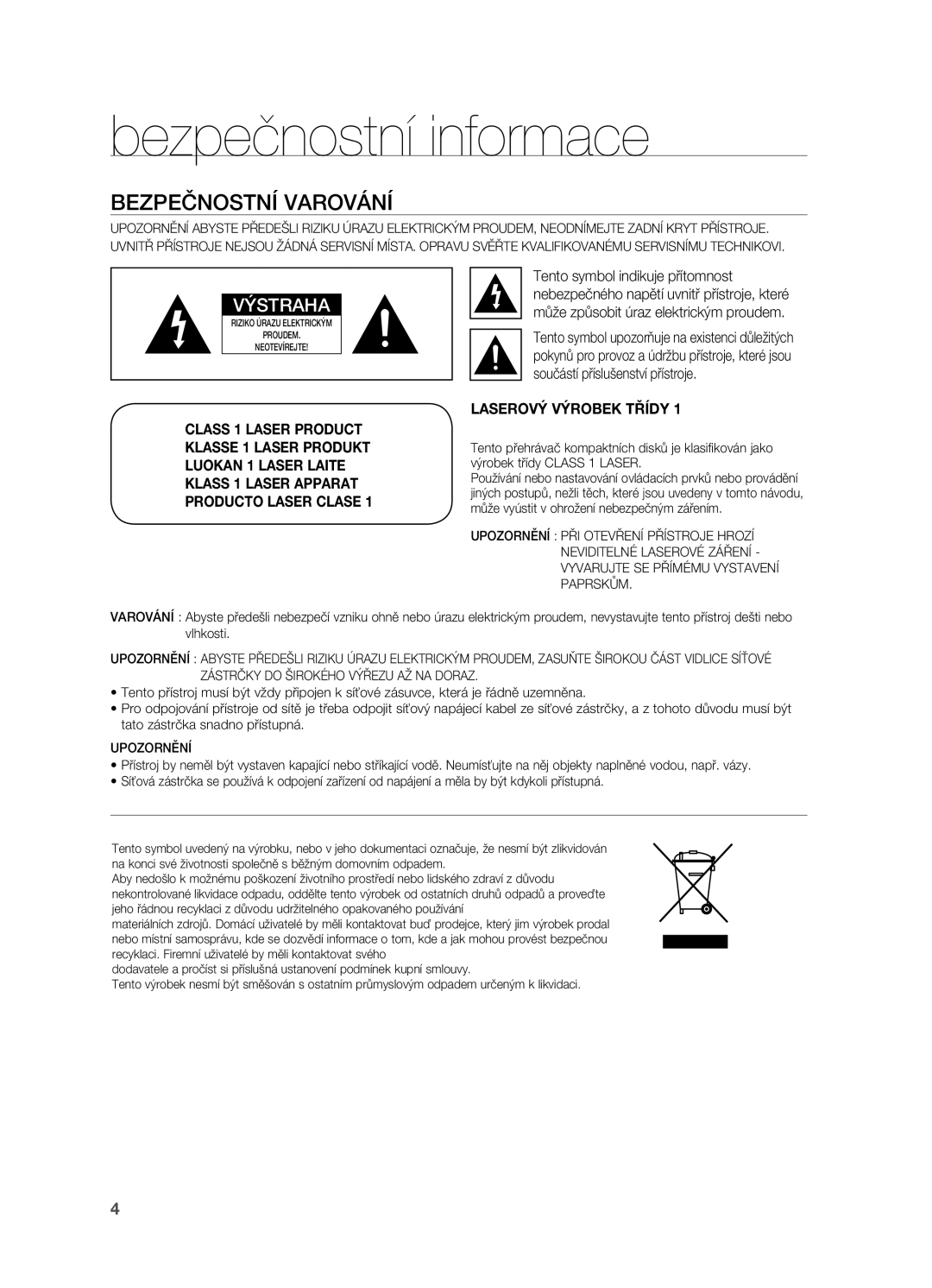 Samsung HT-BD2R/XEO manual Bezpečnostní informace, BezpeŜ爀渀漀猀琀í varování 