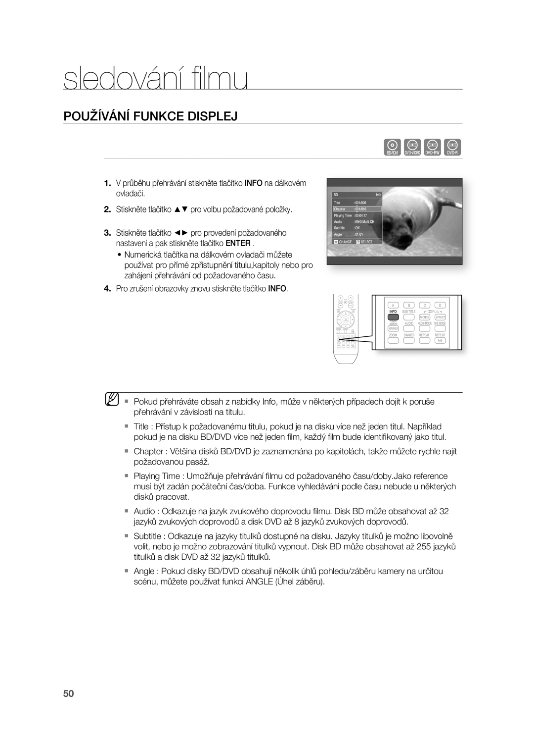 Samsung HT-BD2R/XEO Sledování ﬁ lmu, POUžíVÁNí Funkce Displej, . Pro zrušení obrazovky znovu stiskněte tlačítko Info 