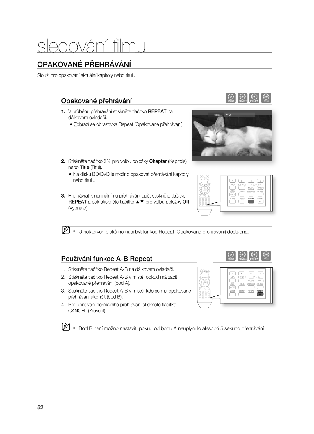 Samsung HT-BD2R/XEO Opakované PŘEHRÁVÁNí, Používání funkce A-B Repeat, Slouží pro opakování aktuální kapitoly nebo titulu 
