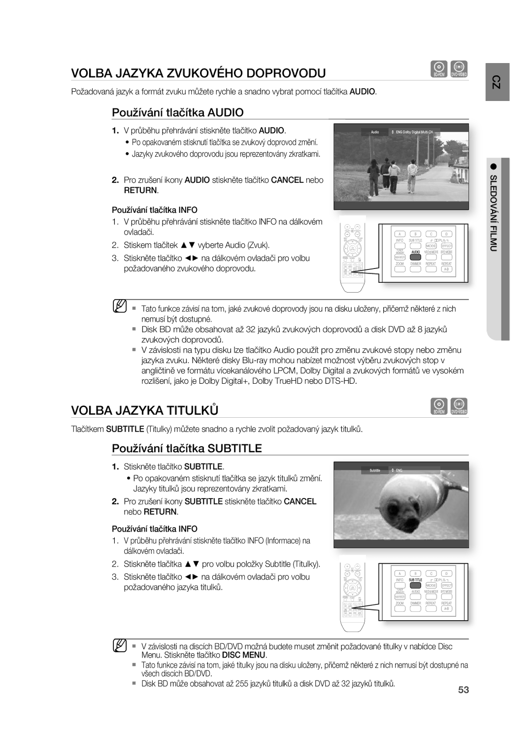 Samsung HT-BD2R/XEO manual Volba Jazyka Zvukového Doprovodu, Volba Jazyka Titulků, Používání tlačítka Audio, Return 