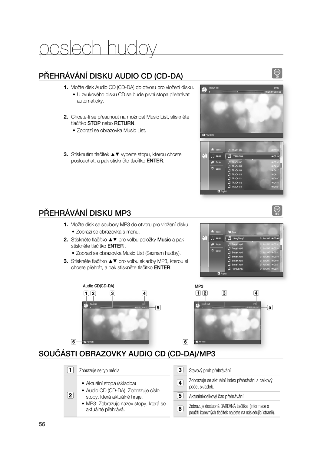 Samsung HT-BD2R/XEO manual Poslech hudby, PŘEHRÁVÁNí Disku Audio CD CD-DA, PŘEHRÁVÁNí Disku MP3, Součásti, Cd-D 