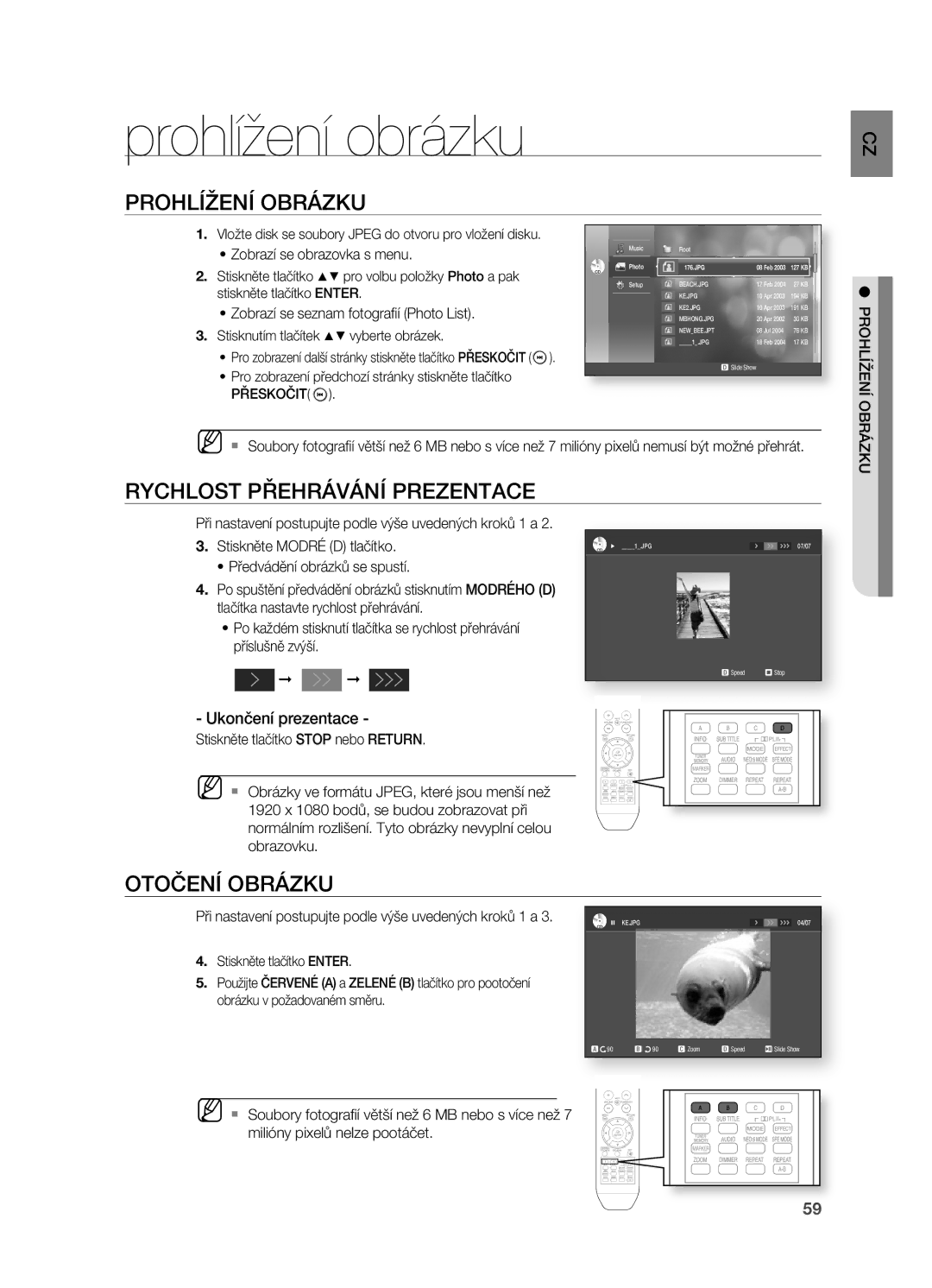 Samsung HT-BD2R/XEO manual Prohlížení obrázku, PROHLížENí Obrázku, Rychlost PŘEHRÁVÁNí Prezentace, OTOČENí Obrázku 