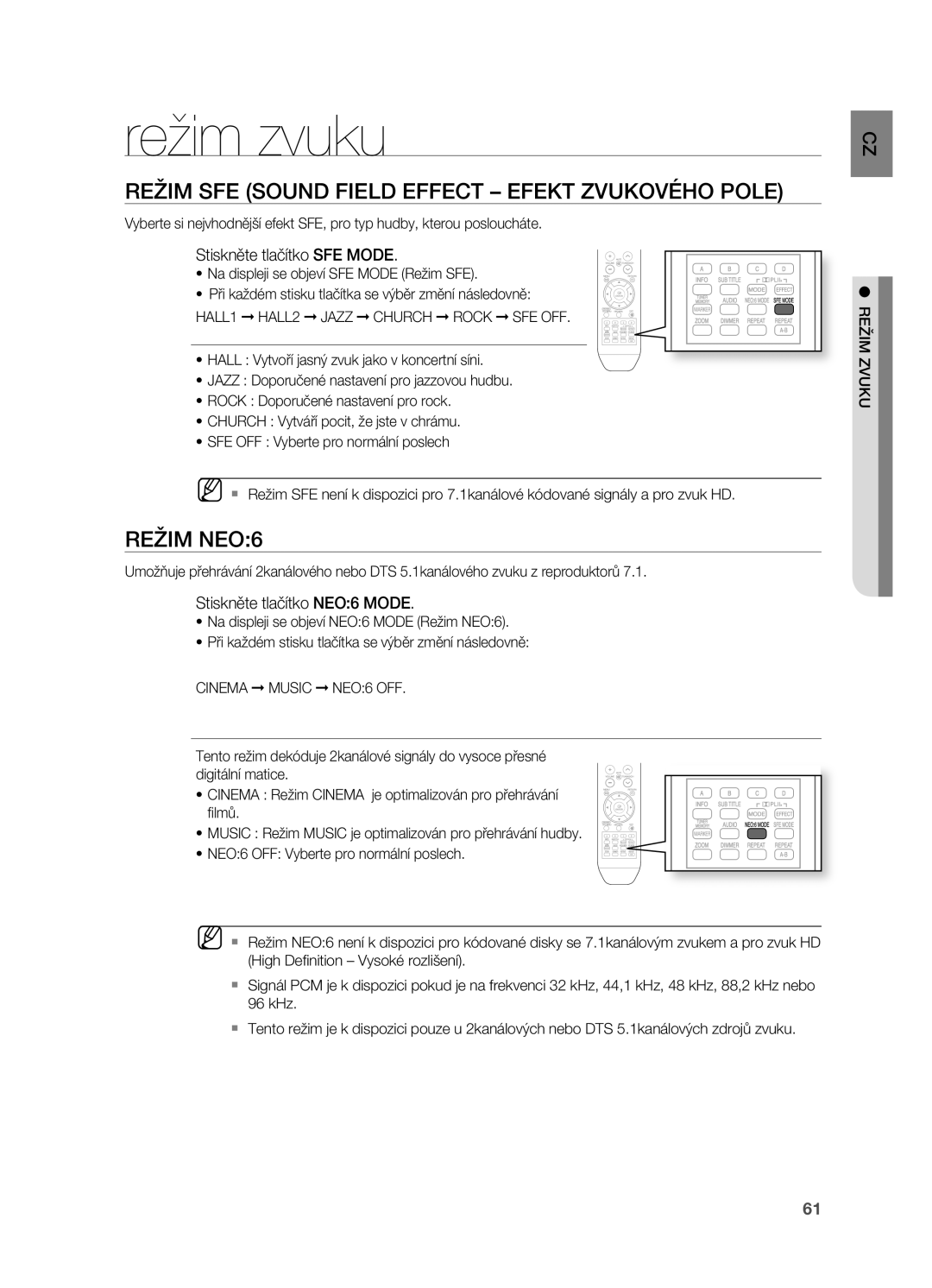 Samsung HT-BD2R/XEO manual Režim zvuku, REžIM SFE Sound Field Effect Efekt Zvukového Pole, REžIM NEO6 