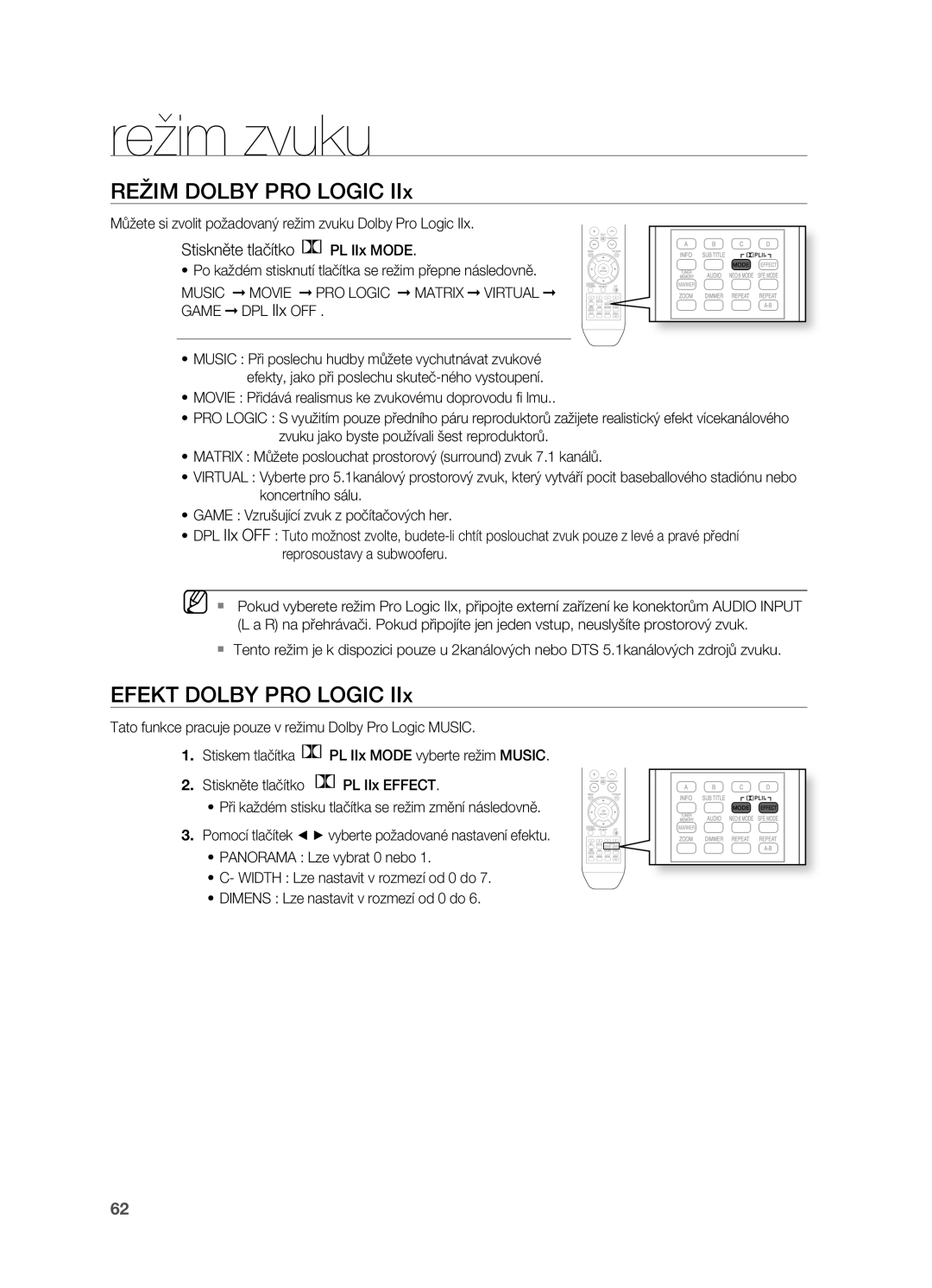 Samsung HT-BD2R/XEO manual REžIM Dolby PRO Logic, Efekt Dolby PRO Logic, Stiskněte tlačítko PL IIx Mode 