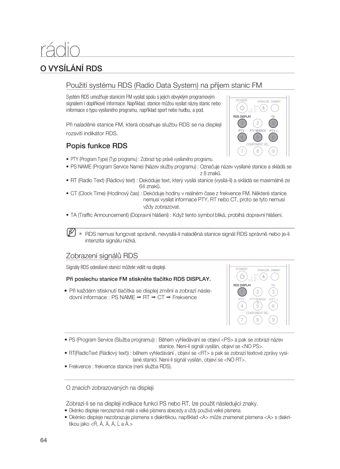 Samsung HT-BD2R/XEO manual Vysílání RDS, Použití systému RDS Radio Data System na příjem stanic FM, Popis funkce RDS 