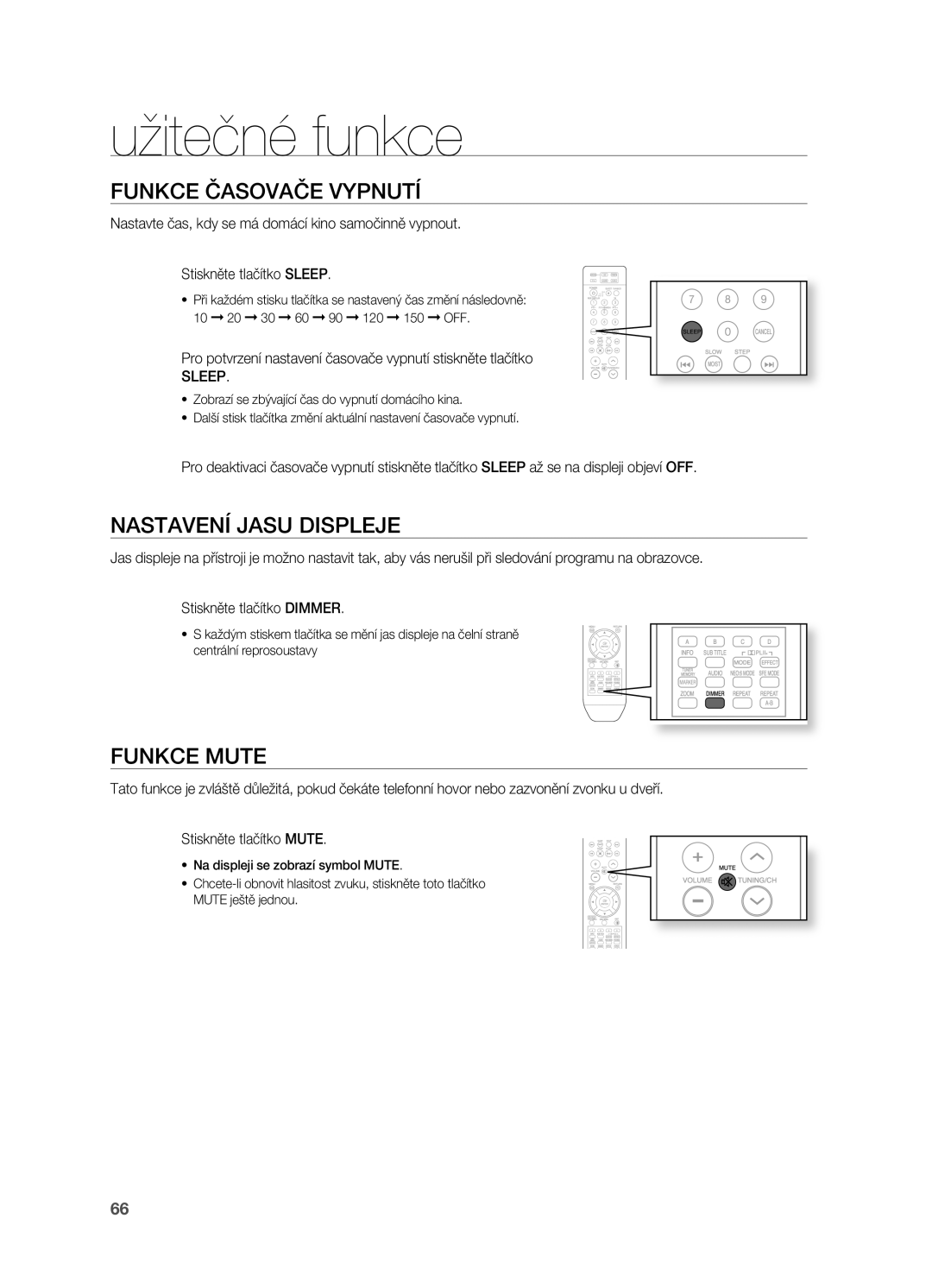 Samsung HT-BD2R/XEO manual Užitečné funkce, Funkce Časovače VYPNUTí, NASTAVENí Jasu Displeje, Funkce Mute, Sleep 