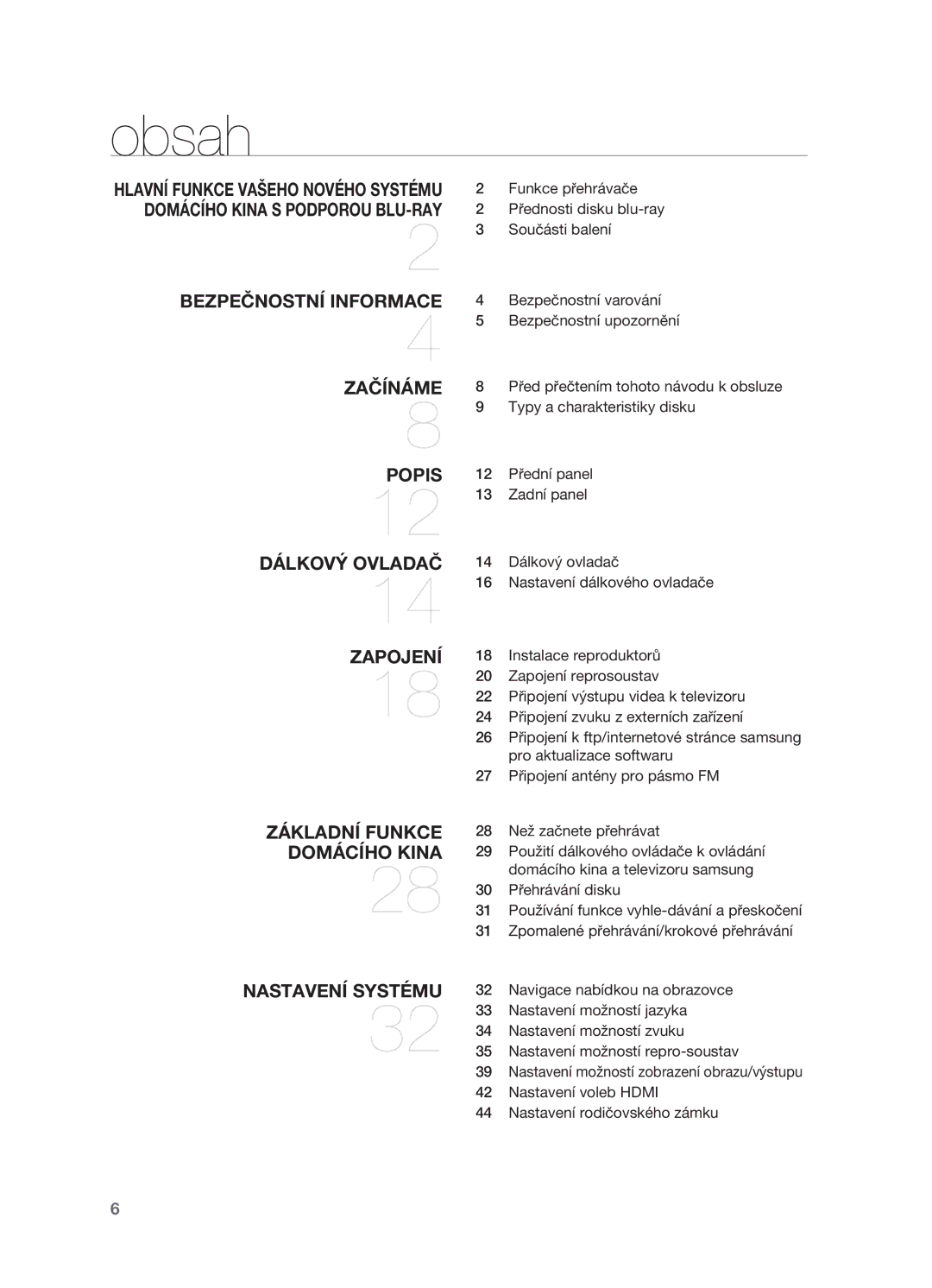 Samsung HT-BD2R/XEO manual Obsah, Základní funkce domácího kina Nastavení systému 