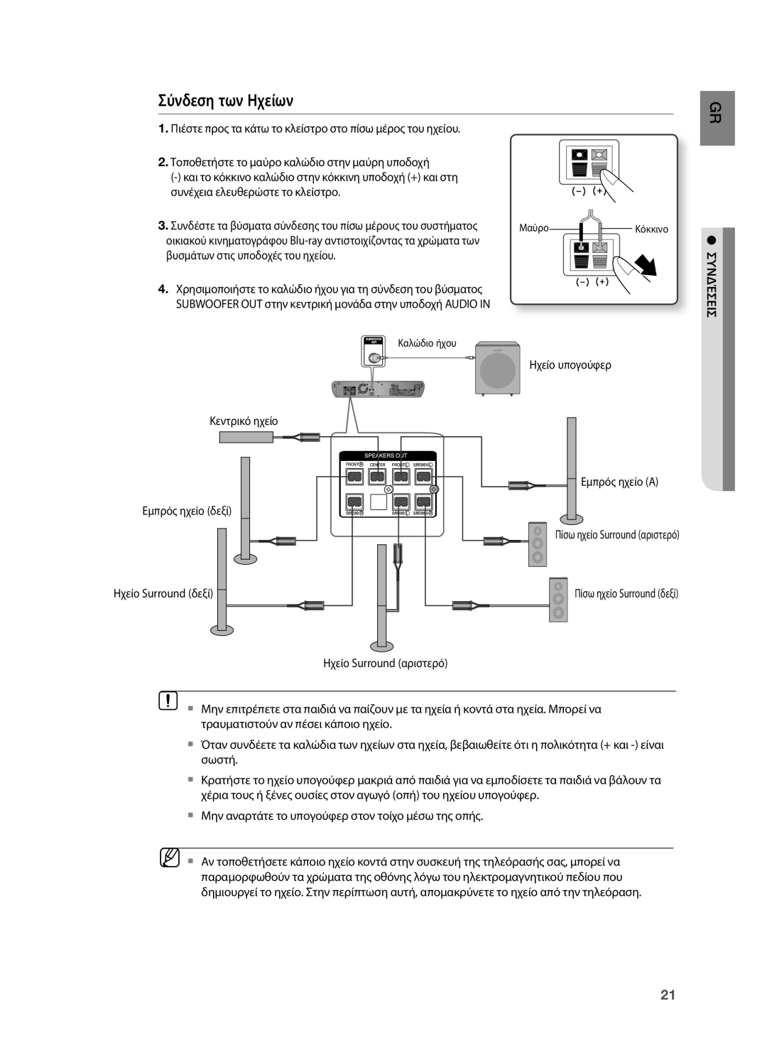 Samsung HT-BD2R/XEO manual Σύνδεση των Ηχείων, Πιέστε προς τα κάτω το κλείστρο στο πίσω μέρος του ηχείου 