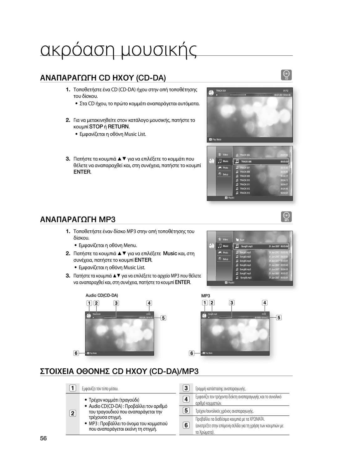 Samsung HT-BD2R/XEO manual Ακρόαση μουσικής, Αναπαραγωγη CD Ηχου CD-DA, Αναπαραγωγη MP3, Στοιχεια Οθονησ CD Ηχου CD-DA/MP3 