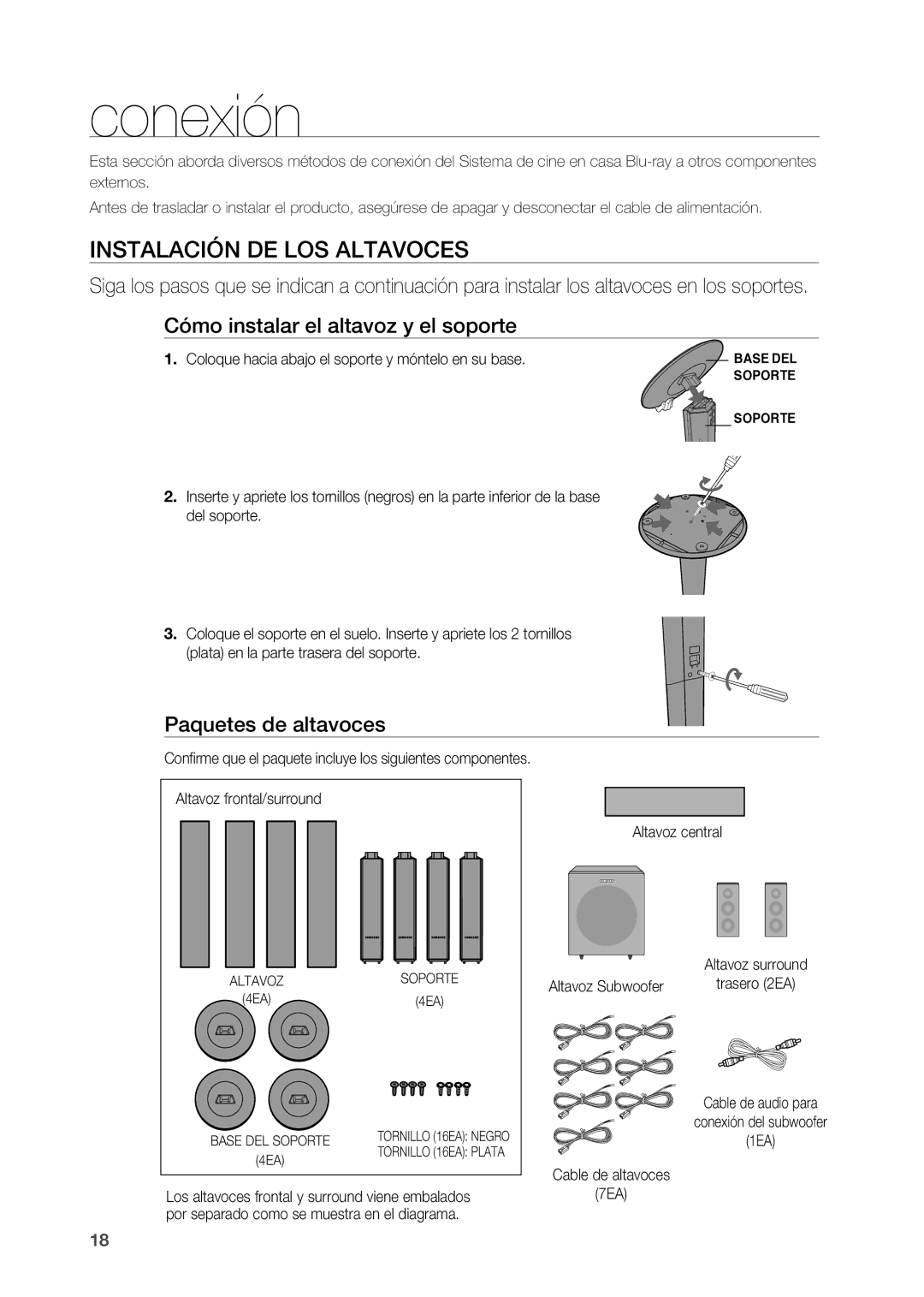 Samsung HT-BD2R/XEO, HT-BD2R/XET manual Conexión, Instalación DE LOS Altavoces, Paquetes de altavoces 