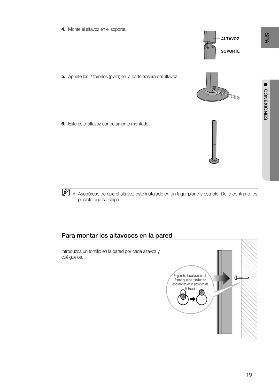 Samsung HT-BD2R/XET, HT-BD2R/XEO manual Para montar los altavoces en la pared, . Monte el altavoz en el soporte, Conexiones 